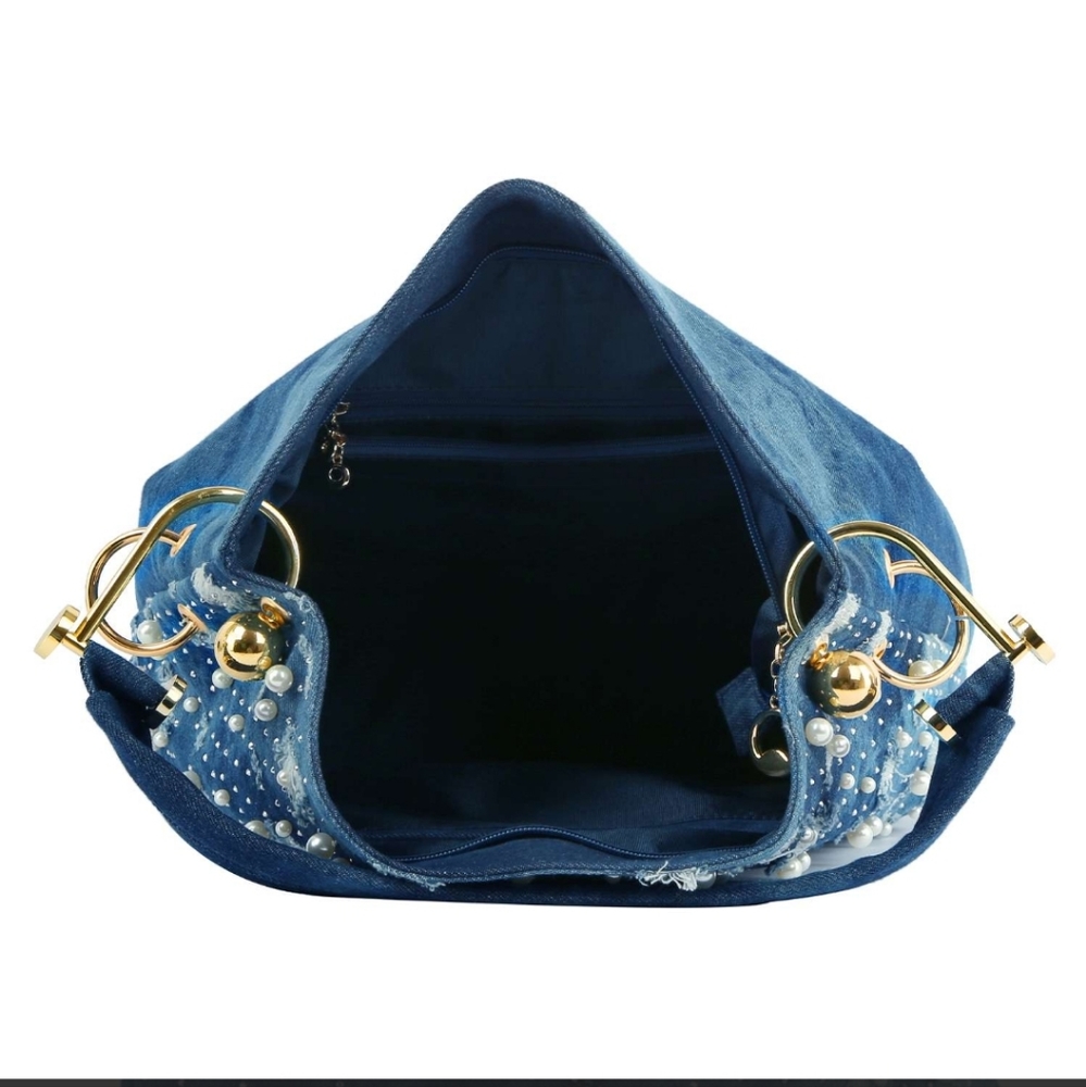 Blue Denim Pearl Embellished Shoulder Bag - Picture 5 of 6
